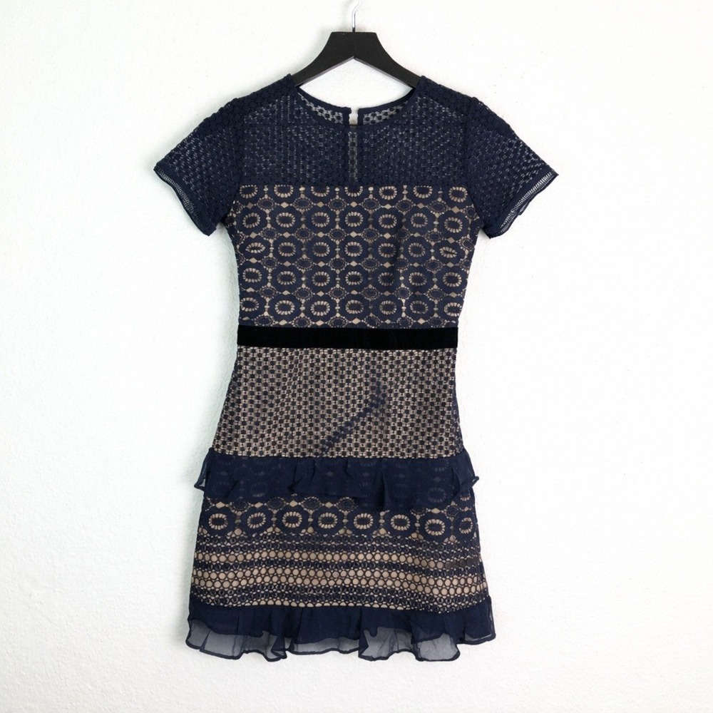 Lucy Paris Lace Mini Dress Women Navy Blue Cream Medium Crochet Ruffle Tiered